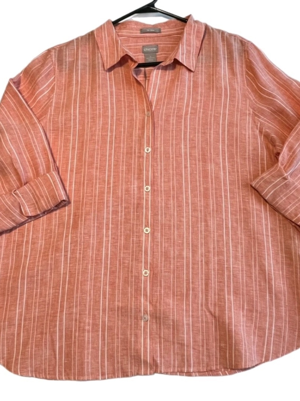 Chico's Sz 3(XL-16) Tangelo Orange Button-Down Stripe 100% Linen Shirt Roll-Tab